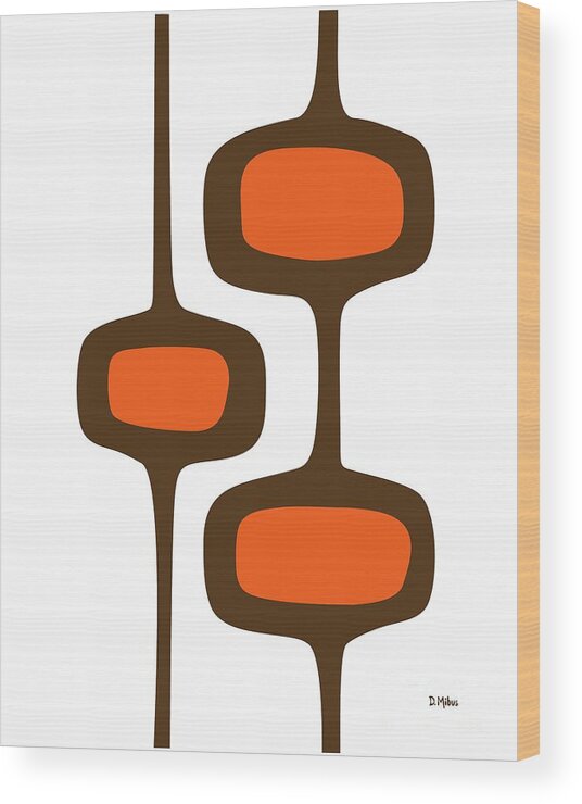 Mid Century Shapes Wood Print featuring the digital art Mod Pod 2 Orange and Brown on White by Donna Mibus