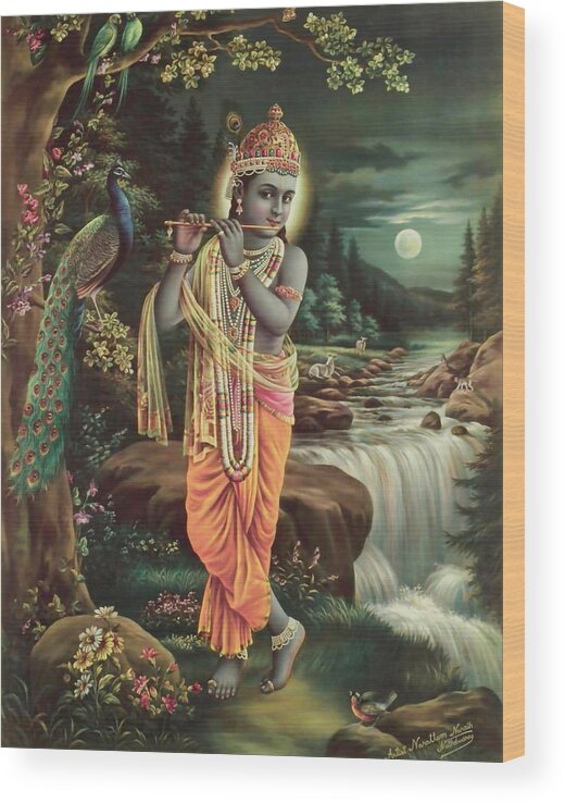 Hinduism Wood Print featuring the painting Murli Manohar - Krishna Playing the Flute by Narottam Narayan Sharma