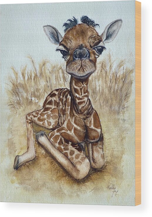 Baby Giraffe Wood Print featuring the painting New Born Baby Giraffe by Kelly Mills