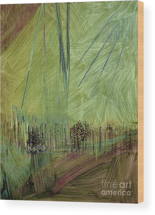 Abstract Wood Print featuring the painting Night Lights in Green and Brown by Corinne Carroll