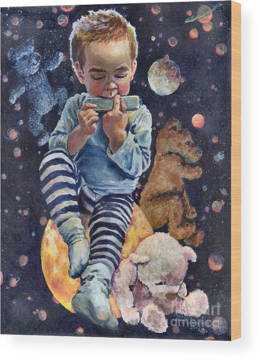 Boy Wood Print featuring the painting Nocturne on Harmonica for Bear Trio by Merana Cadorette