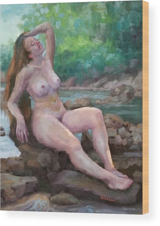 Plein Air Wood Print featuring the painting Nude woman by creek by Jeff Dickson