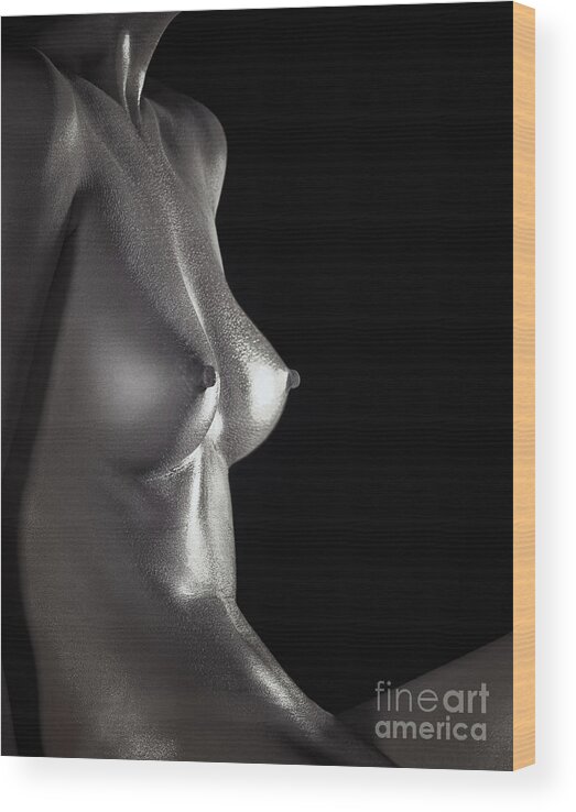 Nude Wood Print featuring the photograph Nude Woman Shiny Metallic Body by Maxim Images Exquisite Prints