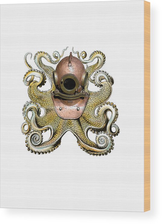 Octopus Wood Print featuring the digital art Octopus with Diving Helmet by Madame Memento