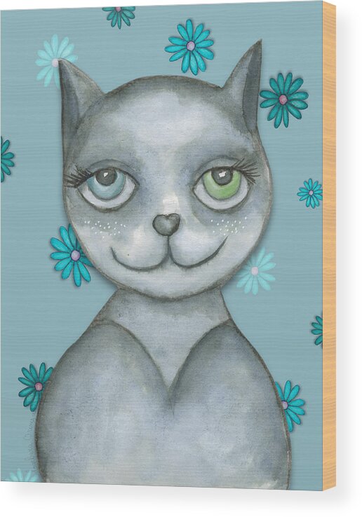 Illustration Wood Print featuring the mixed media Odd-eyed Kitty by Barbara Orenya