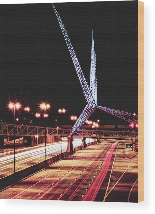 America Wood Print featuring the photograph OKC Scissor-Tailed Flycatcher Sculpture and Skydance Bridge by Gregory Ballos
