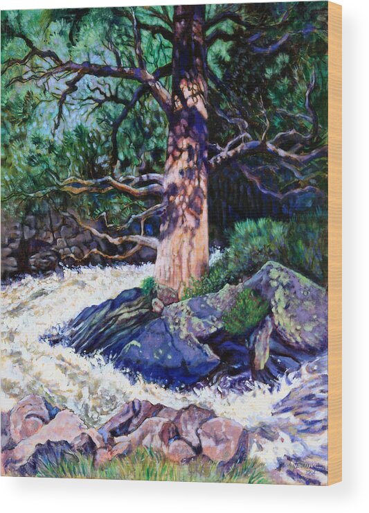 Old Pine Wood Print featuring the painting Old Pine In Rushing Stream by John Lautermilch