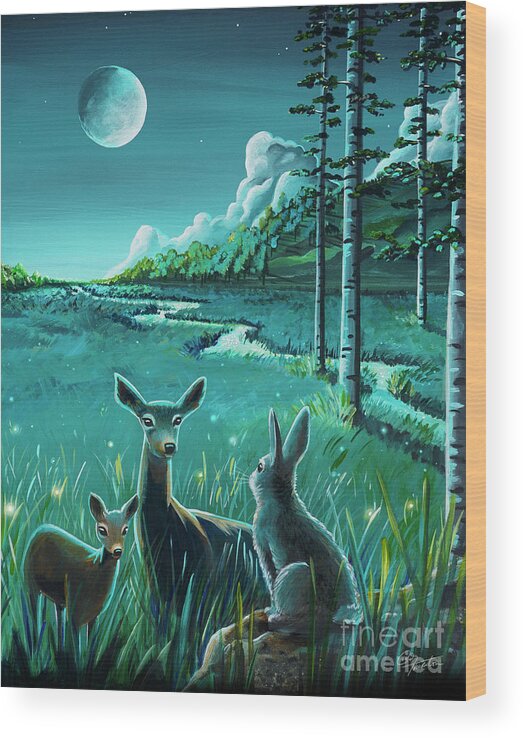 Night Wood Print featuring the painting One Night In The Meadow by Cindy Thornton