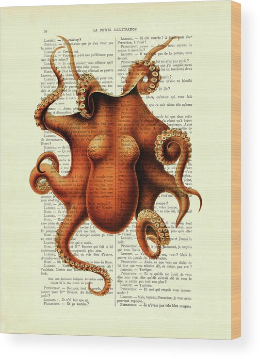 Octopus Wood Print featuring the mixed media Orange Octopus by Madame Memento