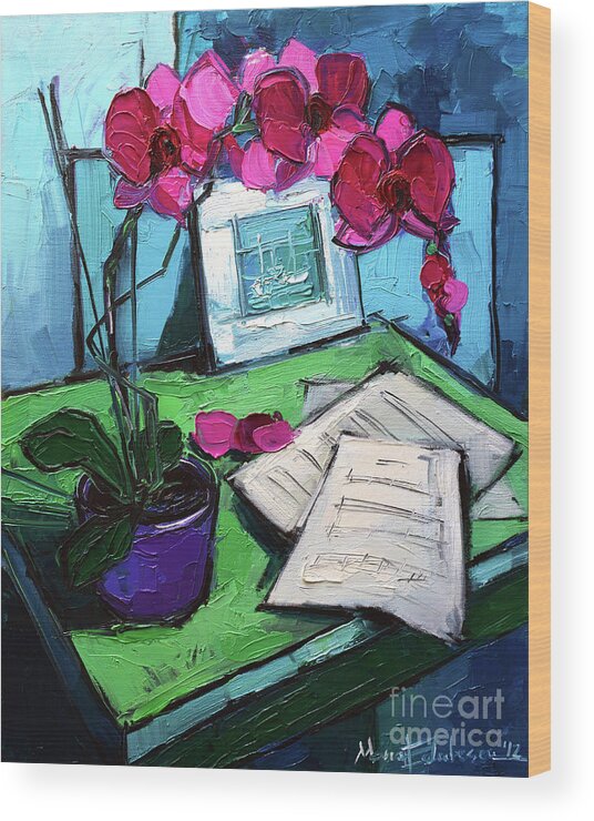 Orchid And Piano Sheets Wood Print featuring the painting Orchid And Piano Sheets by Mona Edulesco