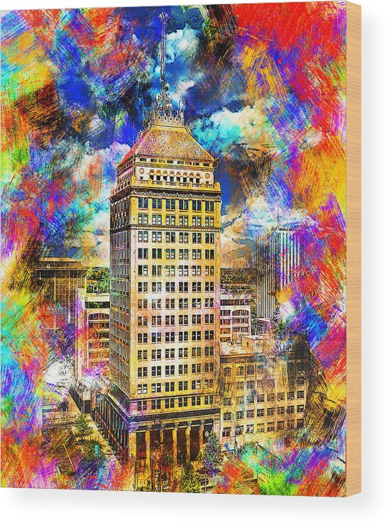 Pacific Southwest Building Wood Print featuring the digital art Pacific Southwest Building in Fresno - colorful painting by Nicko Prints