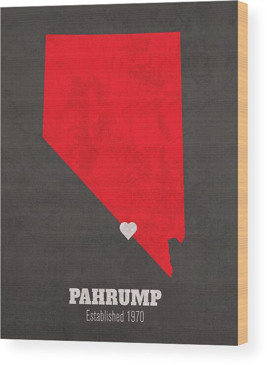 Pahrump Wood Print featuring the mixed media Pahrump Nevada City Map Founded 1970 University of Nevada Las Vegas Color Palette by Design Turnpike