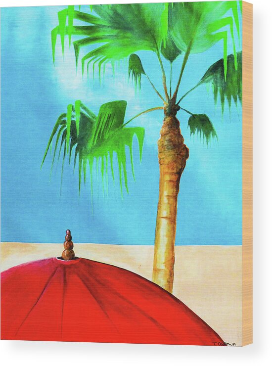 Beach Wood Print featuring the painting Palm and Umbrella by Ted Clifton