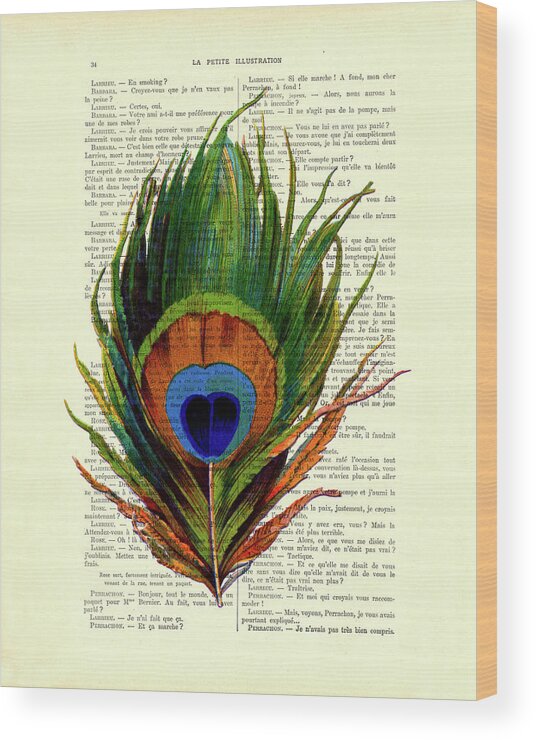 Peacock Wood Print featuring the digital art Peacock feather on French antique book page by Madame Memento