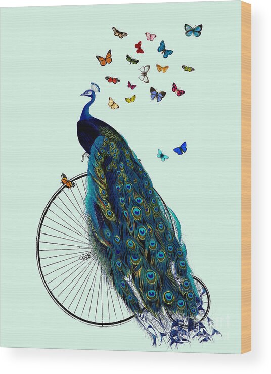 Peacock Wood Print featuring the digital art Peacock On A Bicycle With Butterflies by Madame Memento