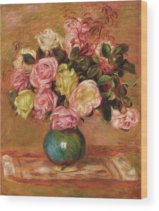Pierre Auguste Renoir Bouquet Of Roses In A Vase Wood Print featuring the painting Pierre Auguste Renoir Bouquet of roses in a vase by MotionAge Designs