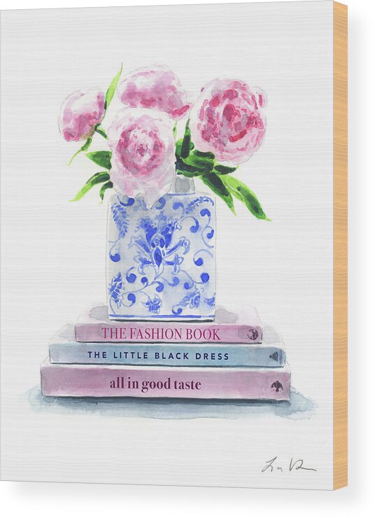Pink Peonies in Chinoiserie Vase with Fashion Coffee Table Books Wood Print  by Laura Row - Fine Art America