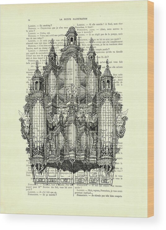 Organ Wood Print featuring the mixed media Pipe organ in black and white on a French antique book page by Madame Memento