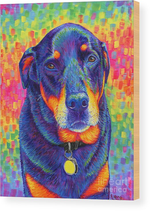 Rottweiler Wood Print featuring the painting Psychedelic Rainbow Rottweiler by Rebecca Wang