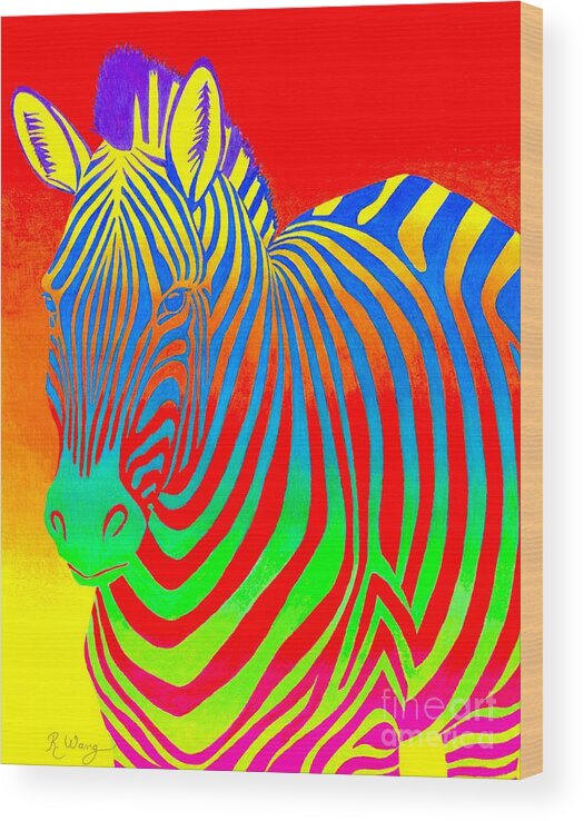 Zebra Wood Print featuring the drawing Psychedelic Rainbow Zebra by Rebecca Wang