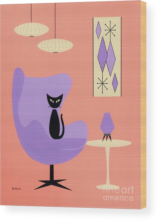 Mid Century Modern Black Cat Wood Print featuring the mixed media Purple Egg Chair with Diamonds by Donna Mibus