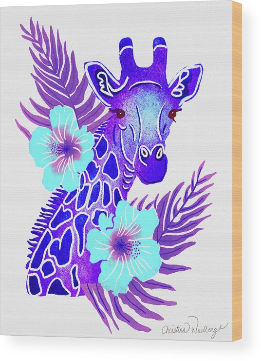 Purple Wood Print featuring the painting Purple Giraffe Tropical Jungle Safari by Christina Wedberg