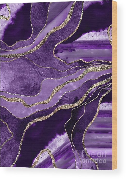 Collage Wood Print featuring the mixed media Purple Marble Agate Gold Glitter Glam #1 Faux Glitter #decor #art by Anitas and Bellas Art