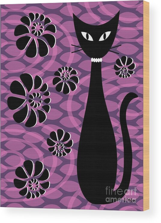 Abstract Cat Wood Print featuring the digital art Purple Pink Mod Cat 2 by Donna Mibus