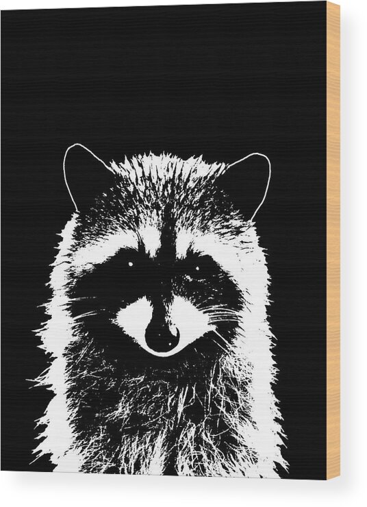 Raccoon Wood Print featuring the mixed media Raccoon 25 Black and white by Lucie Dumas
