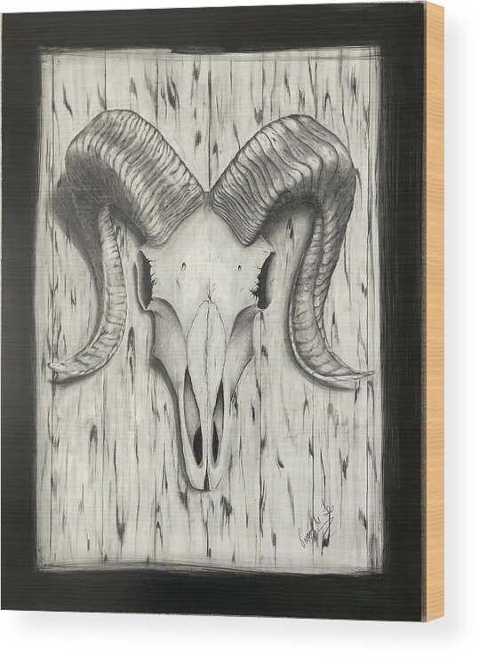 Ram Wood Print featuring the drawing Ram Skull by Gregory Lee