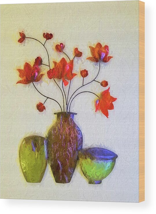 Red Wood Print featuring the photograph Red Flowers In Copper Vase by Carolyn Marshall