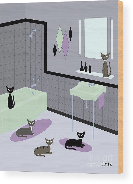  Wood Print featuring the digital art Retro Bathroom with Five Cats by Donna Mibus