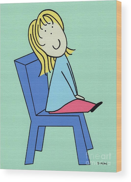 Retro Wood Print featuring the painting Retro Doll Sitting in Blue Chair 2 by Donna Mibus
