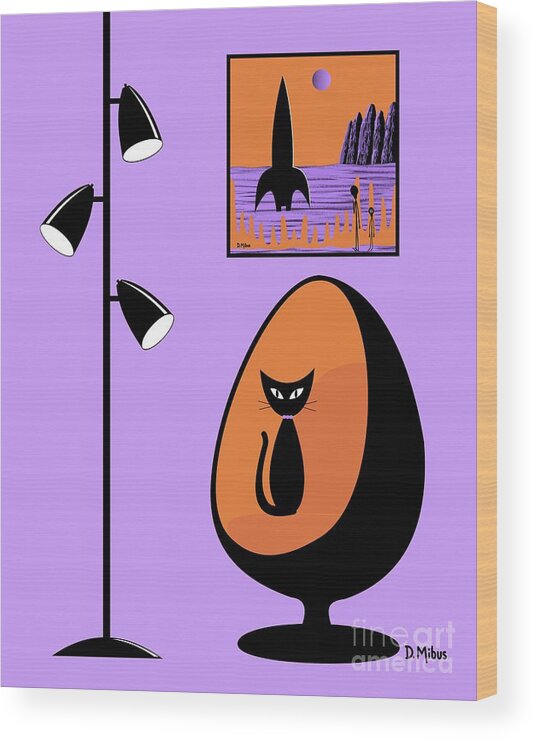 Mid Century Modern Wood Print featuring the digital art Orange and Purple Space Aliens by Donna Mibus