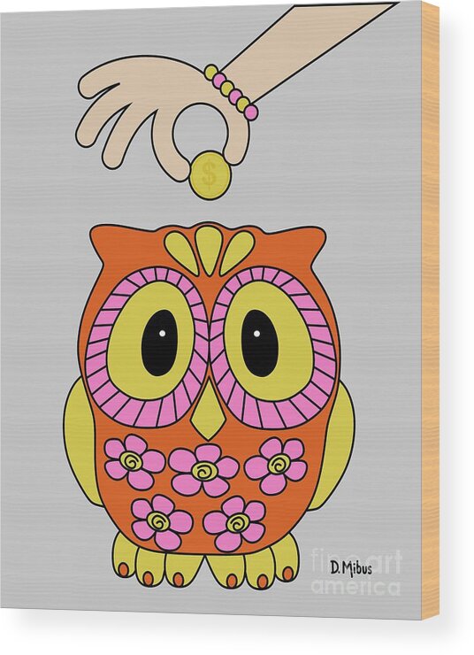 Retro Wood Print featuring the digital art Retro Owl Piggy Bank by Donna Mibus