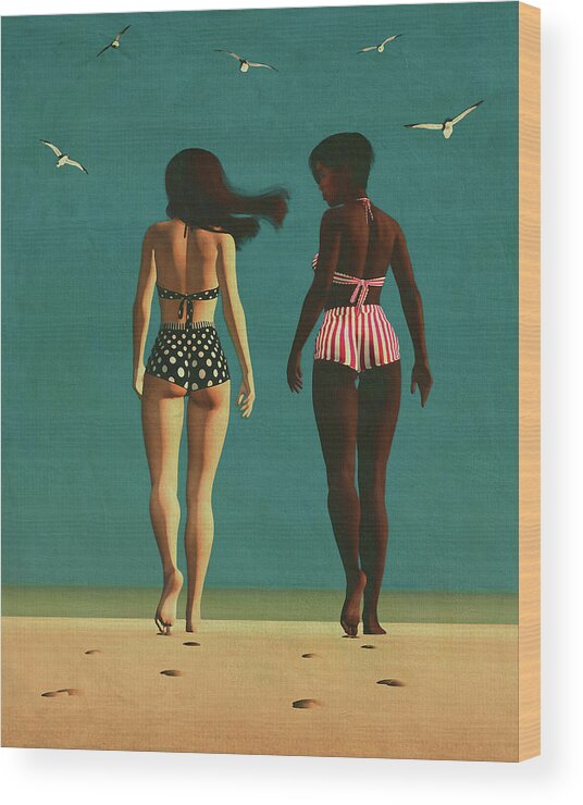 Girl Wood Print featuring the digital art Retro Painting of Girls Walking on the Beach by Jan Keteleer