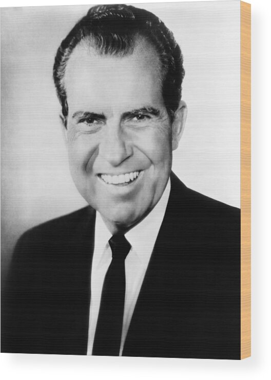 Richard Nixon Wood Print featuring the photograph Richard Nixon Portrait - Circa 1969 by War Is Hell Store
