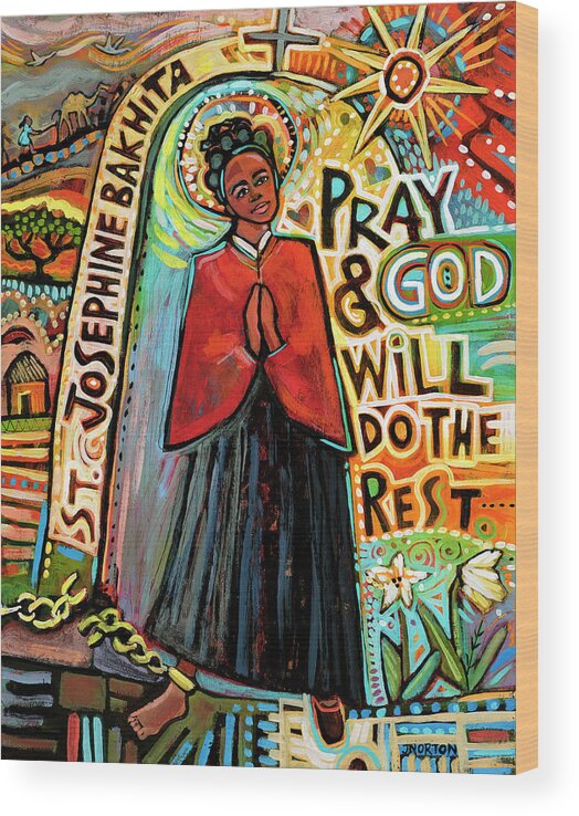 Jen Norton Wood Print featuring the painting Saint Josephine Bakhita by Jen Norton