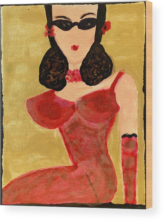 Lady In Red Wood Print featuring the painting Sassy in Red by Leslie Porter