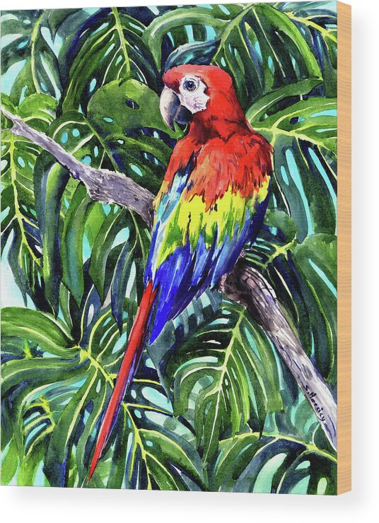 Macaw Wood Print featuring the painting Scarlet Macaw in the Jungle by Suren Nersisyan