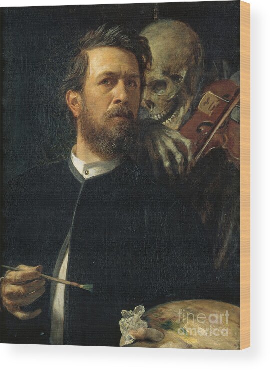 Arnold Boecklin Wood Print featuring the painting Self Portrait With Death Playing The Fiddle 1872 by Arnold Boecklin