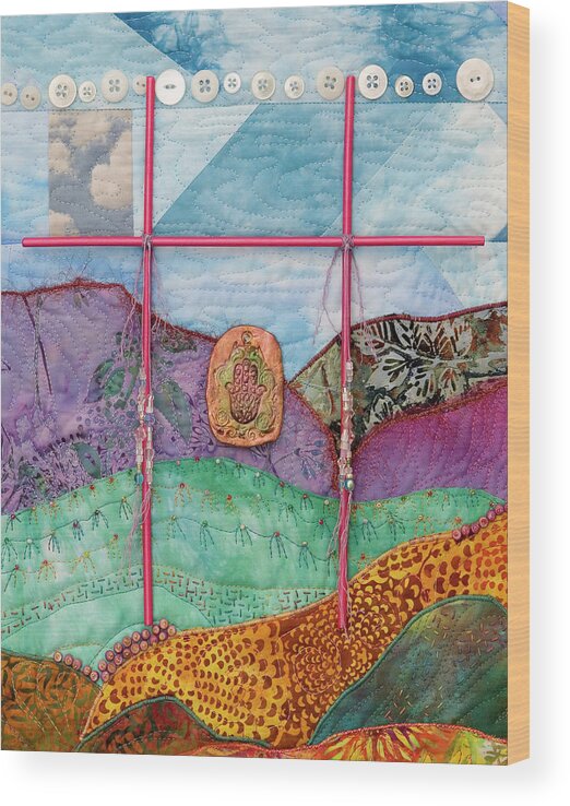 Fiber Art Wood Print featuring the mixed media Shrine to Land and Sky G by Vivian Aumond