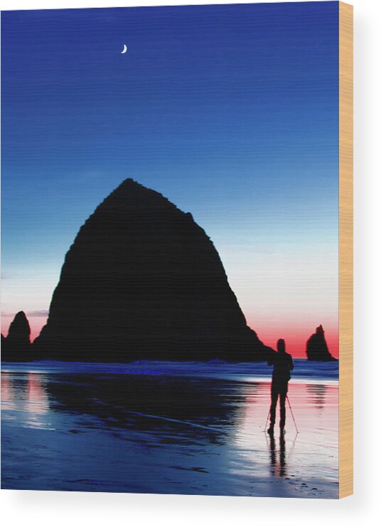 Haystack Rock Wood Print featuring the photograph Silhouetted Photographer at the Beach by Todd Kreuter