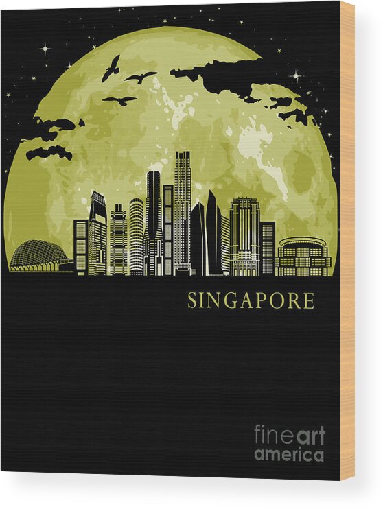 Singapore Wood Print featuring the digital art SINGAPORE Moon Light Night Stars Skyline by Megan Miller
