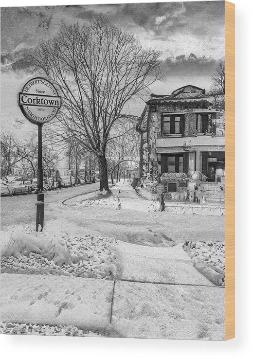 Detroit Wood Print featuring the photograph Snowy Detroit Corktown sign and Michigan Central BW IMG_6210 by Michael Thomas