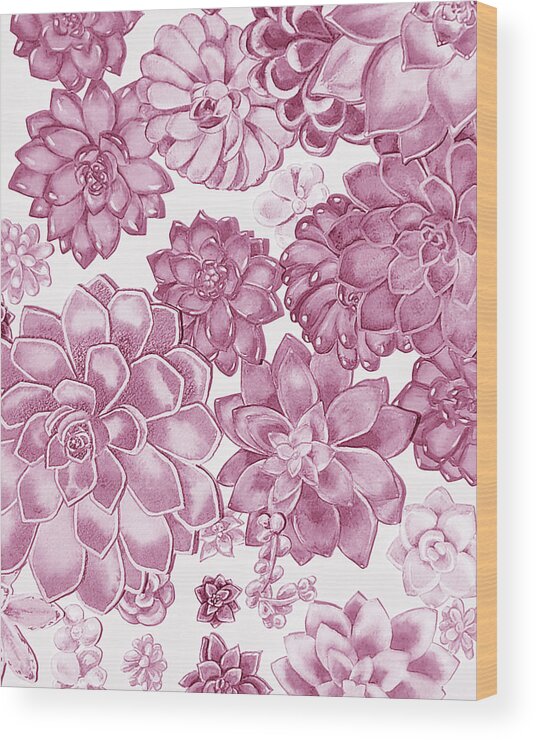 Succulent Wood Print featuring the painting Soft Pink Succulent Plants Garden Watercolor Interior Art IV by Irina Sztukowski