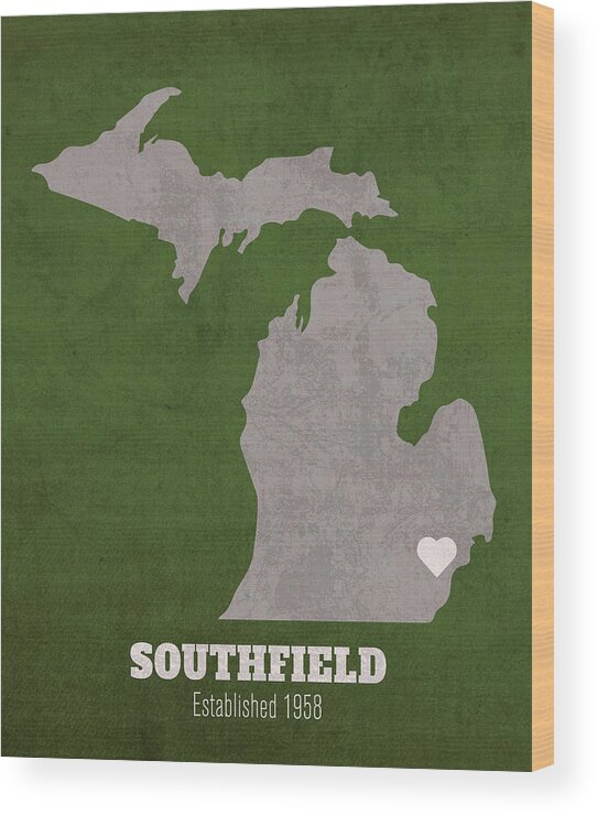 Southfield Wood Print featuring the mixed media Southfield Michigan City Map Founded 1958 Michigan State University Color Palette by Design Turnpike