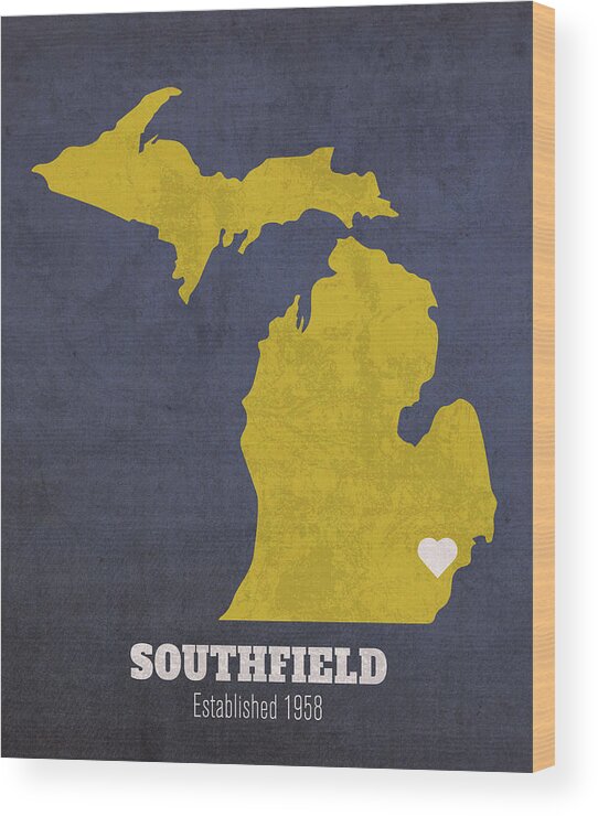 Southfield Wood Print featuring the mixed media Southfield Michigan City Map Founded 1958 University of Michigan Color Palette by Design Turnpike