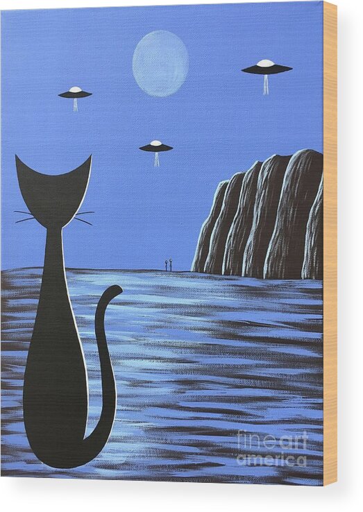 Black Cat Wood Print featuring the painting Outer Space Black Cat on Blue Planet by Donna Mibus