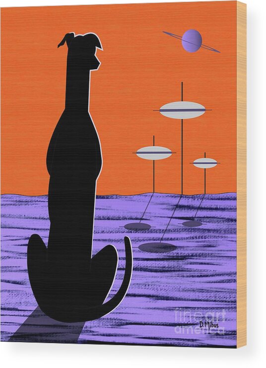Mid Century Modern Wood Print featuring the digital art Space Dog Orange Sky by Donna Mibus